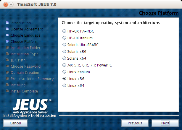 UNIX에서 GUI 모드 설치 - Choose Platform