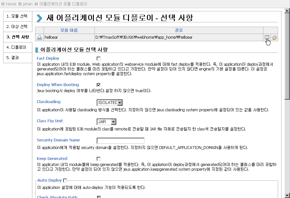 WebAdmin을 이용한 Runtime Deploy - 선택 사항 - 공통 선택 사항