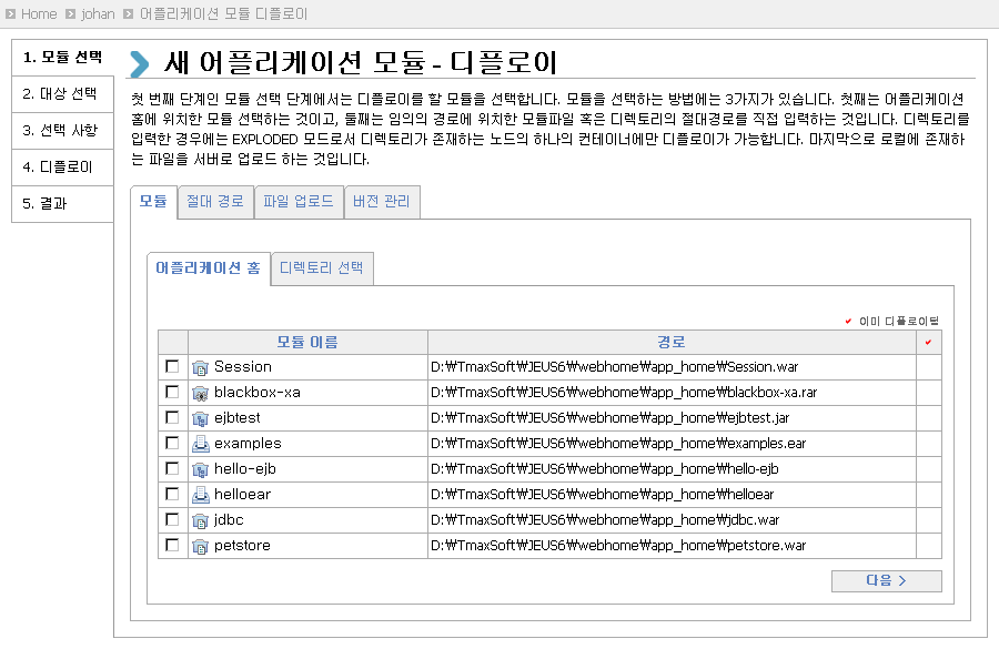 어플리케이션 모듈 디플로이 화면