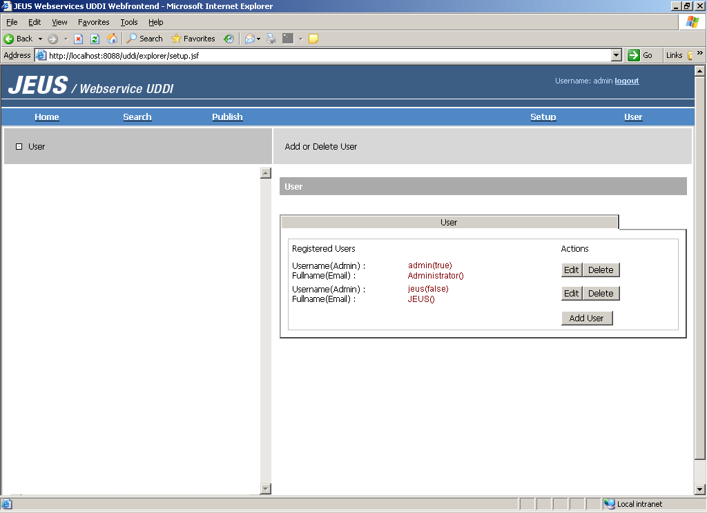 JEUS UDDI Explorer 사용자 관리 화면