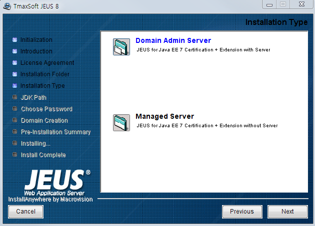 Installing JEUS on Windows - Installation Type