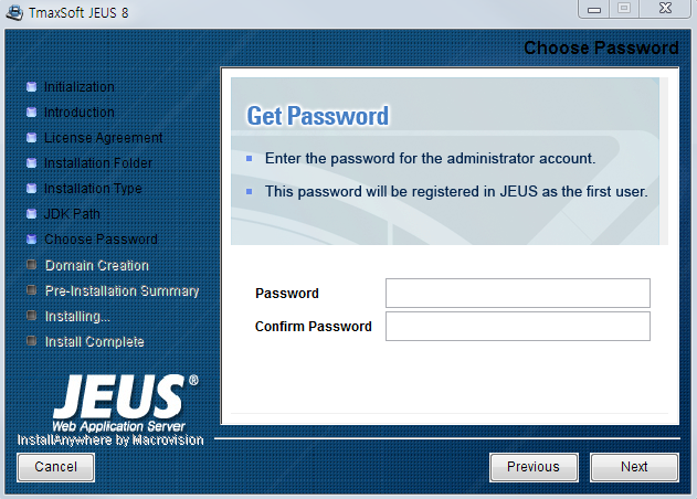 Installing JEUS on Windows - Choose Password