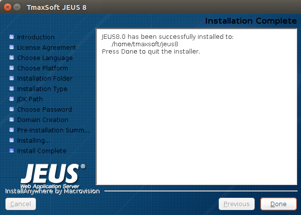 Installing JEUS in GUI Mode - Installation Complete