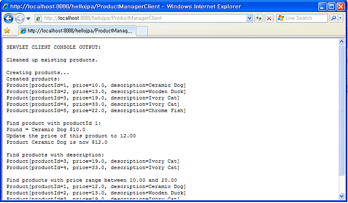 HelloJPA 서블릿 클라이언트 수행 결과