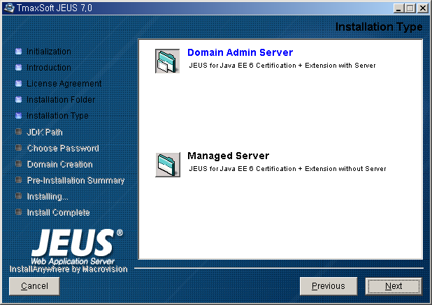 Installing JEUS on Windows - Installation Type