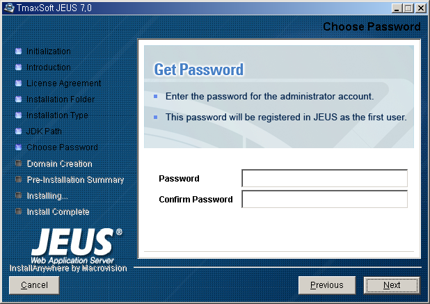 Installing JEUS on Windows - Choose Password