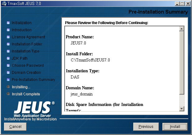 Installing JEUS on Windows - Pre-Installation Summary