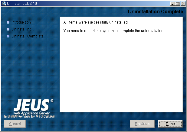 Uninstalling JEUS on Windows - Uninstallation Complete