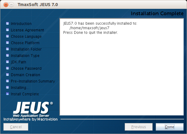 Installing JEUS in GUI Mode - Installation Complete