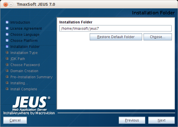 Installing JEUS in GUI Mode - Installation Folder