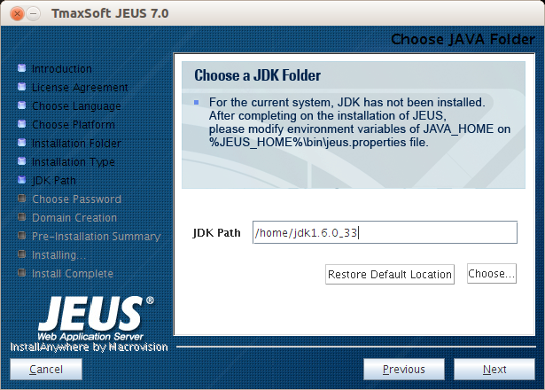 Installing JEUS in GUI Mode - Choose JAVA Folder