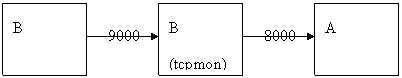 tcpmon receives a query through port 9000, and transmits it to port 8000 in A.