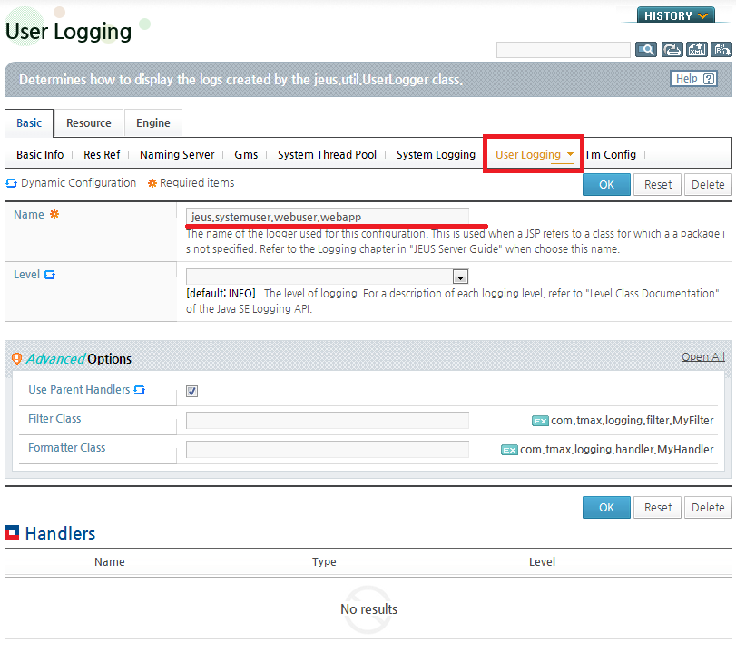 User Logs - Configuration