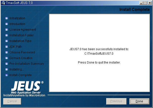 Installing JEUS on Windows - Installation Complete