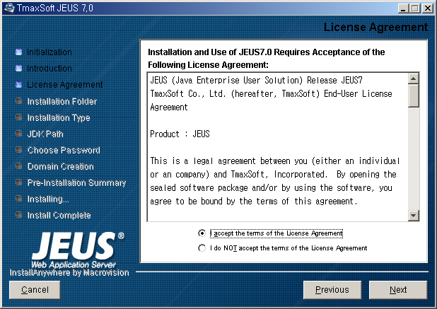 Installing JEUS on Windows - License Agreement