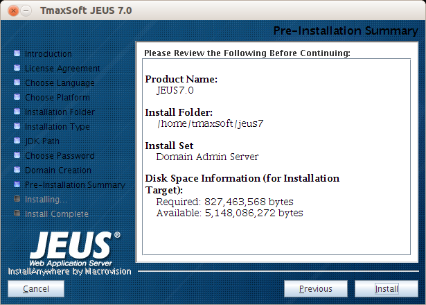 Installing JEUS in GUI Mode - Pre-Installation Summary