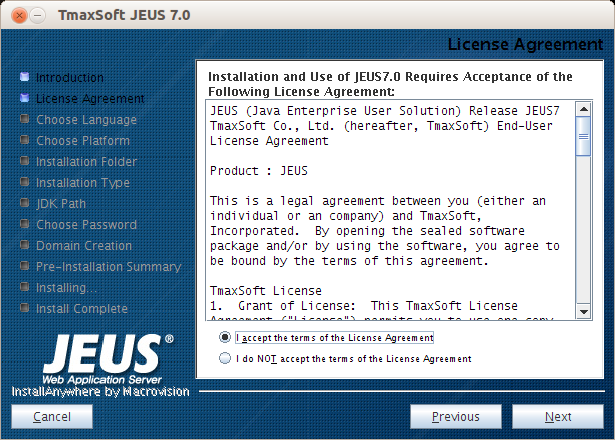 Installing JEUS in GUI Mode - License Agreement