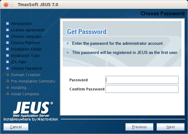 Installing JEUS in GUI Mode - Enter Password