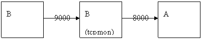 tcpmon receives a query through port 9000, and transmits it to port 8000 in A