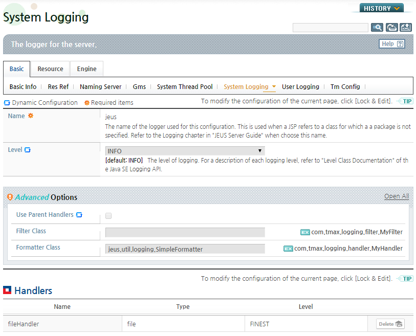 Checking jeus Logger Information in WebAdmin