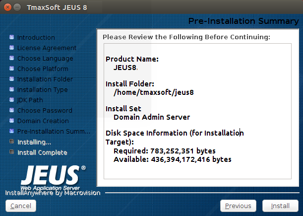 UNIX에서 GUI 모드 설치 - Pre Installation Summary