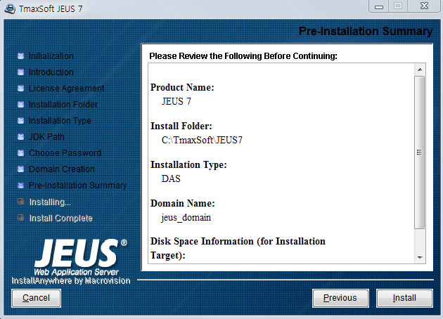 Windows에서 설치 - Pre-Installation Summary