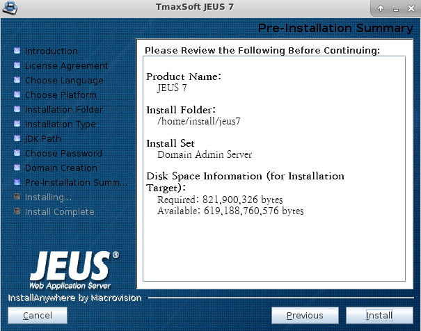 UNIX에서 GUI 모드 설치 - Pre-installation Summary