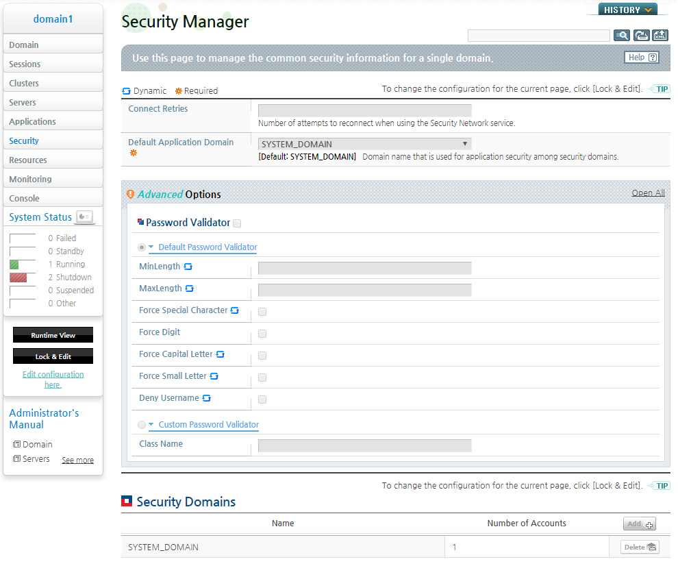 Password Configuration - Security Manager Screen