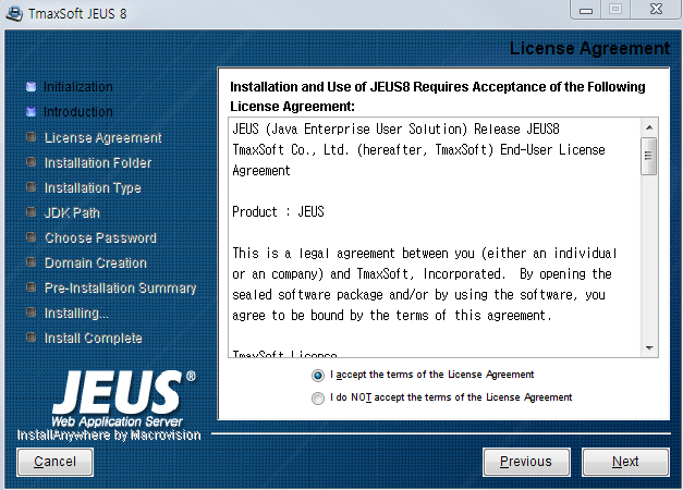 Installing JEUS on Windows - License Agreement