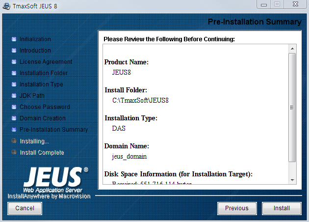 Installing JEUS on Windows - Pre-Installation Summary