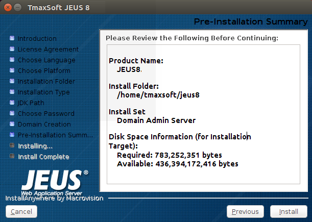 Installing JEUS in GUI Mode - Pre-Installation Summary