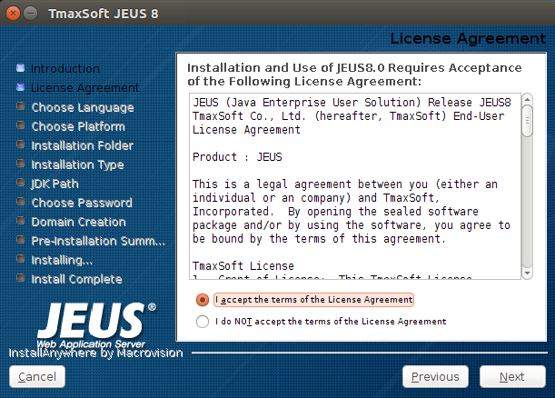 Installing JEUS in GUI Mode - License Agreement