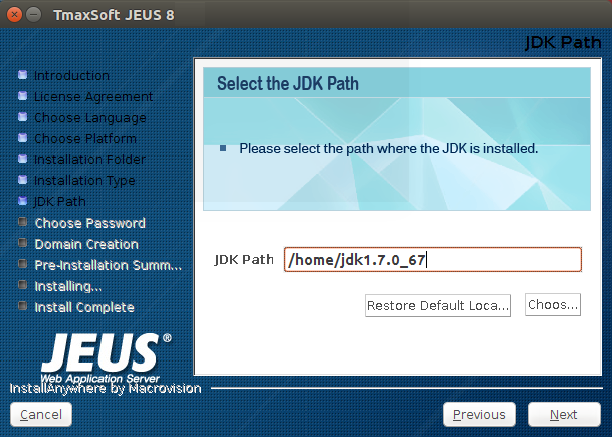 Installing JEUS in GUI Mode - Choose JAVA Folder