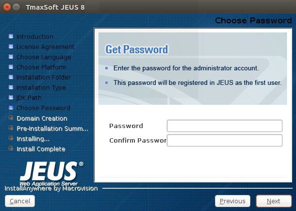 Installing JEUS in GUI Mode - Enter Password