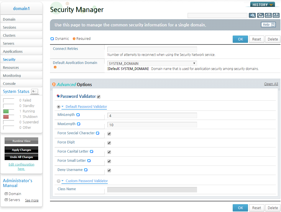 Default Password Validator Configuration Page on WebAdmin