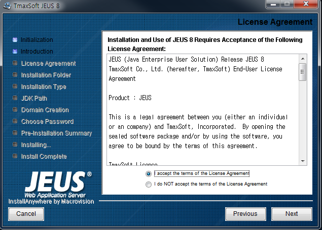 Installing JEUS on Windows - License Agreement