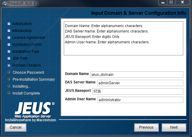 Installing JEUS on Windows - Domain Name