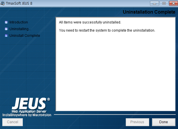 Uninstalling JEUS on Windows - Uninstallation Complete