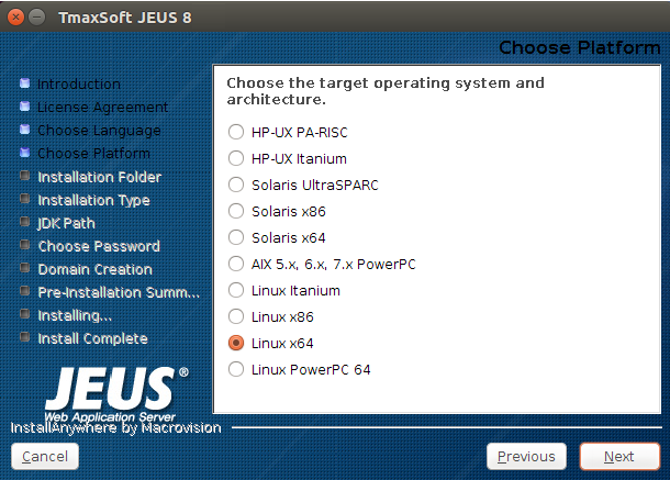 Installing JEUS in GUI Mode - Choose Platform