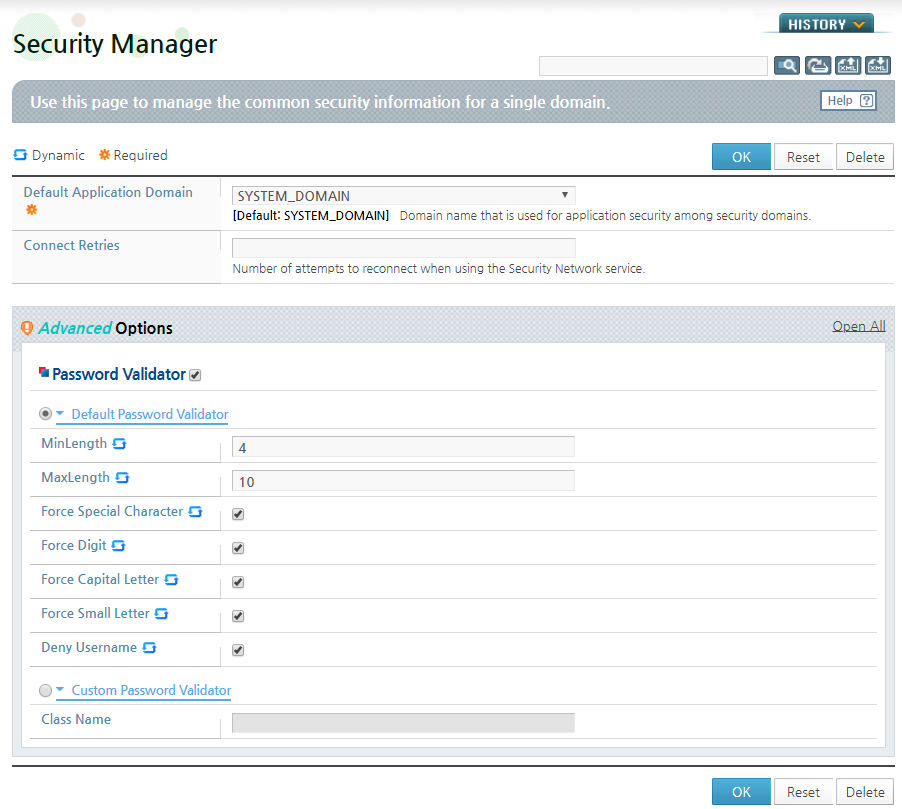 Default Password Validator Configuration Page on WebAdmin