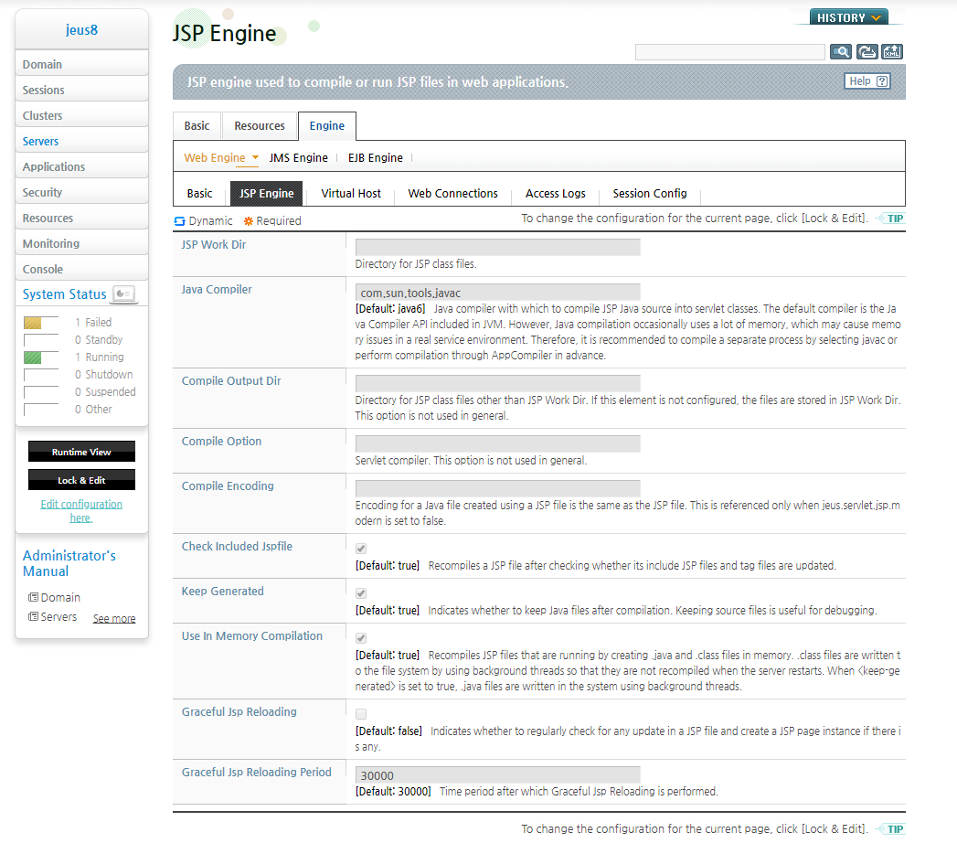 Configuring a JSP Engine - Menu