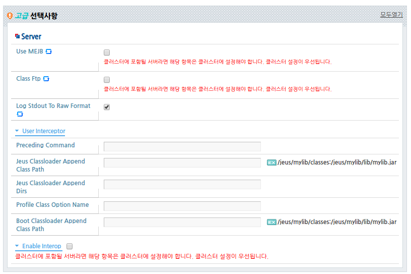 WebAdmin 서버 설정 화면 - 고급 선택사항