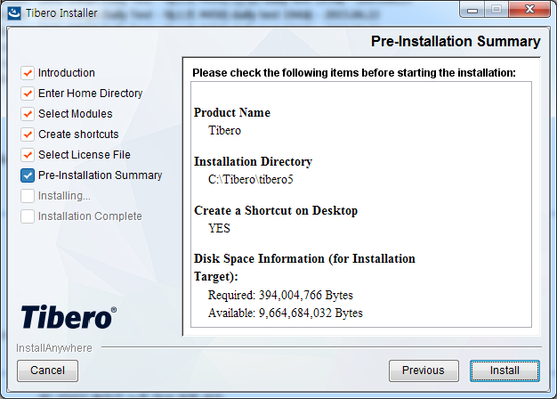 Tibero Installer - Pre-installation Summary