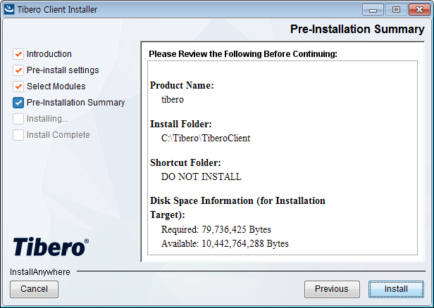 Tibero Client Installer - Pre-Installation Summary