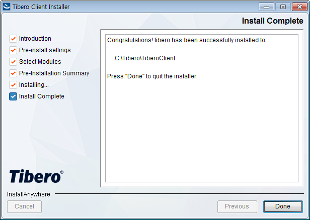 Tibero Client Installer - Install Complete