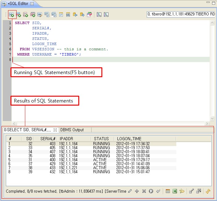 SQL Editor - SQL statement input and execution