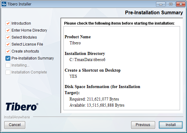 Tibero Installer - Pre-installation Summary