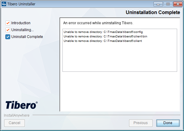 Tibero Uninstaller - Uninstallation Complete