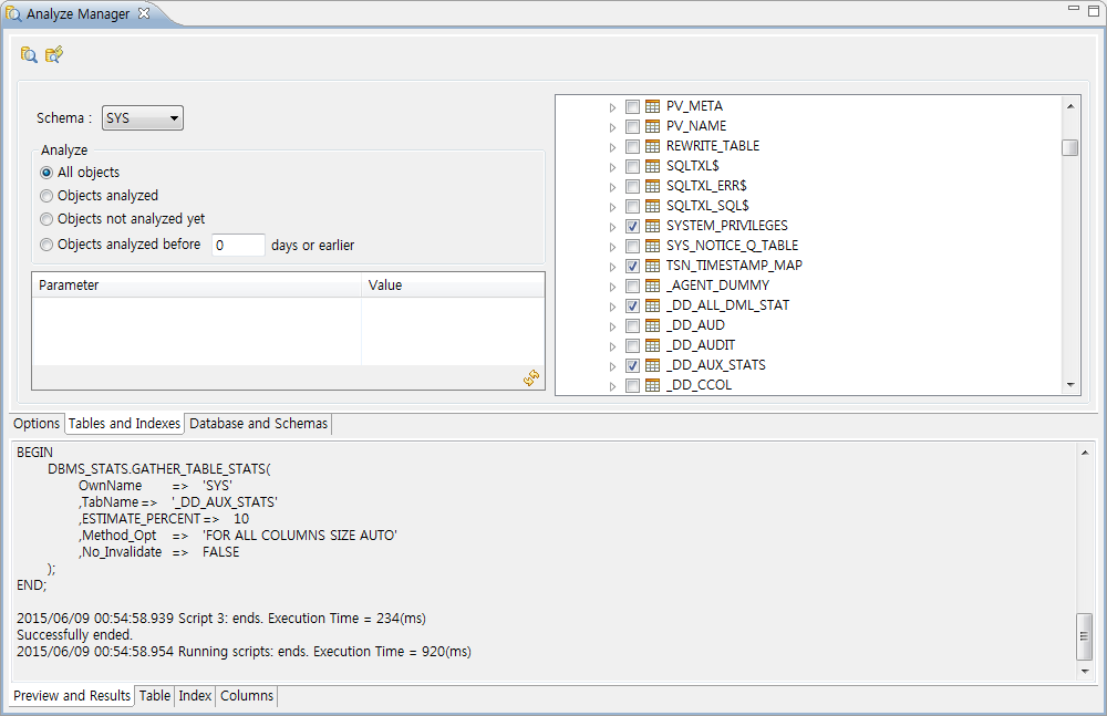 Analyze Manager - [Tables and Indexes] 탭