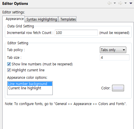 Editor Options - [Appearance] 탭